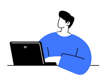 Illustration of a man working at a desk with a laptop, encouraging to start work and track time
