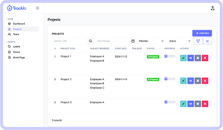 Project management page image for task tracking and workflow management | Tracklo